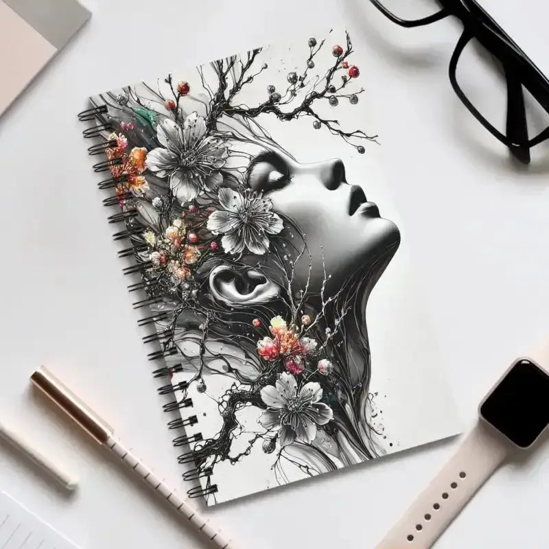 Schwarzes Notizbuch Wurzelpoesie mit blühenden Gedanken und Frauengesicht