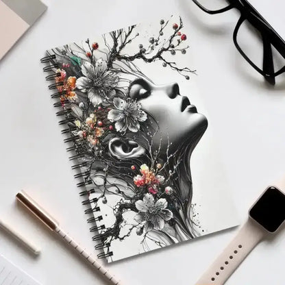 Schwarzes Notizbuch Wurzelpoesie mit blühenden Gedanken und Frauengesicht