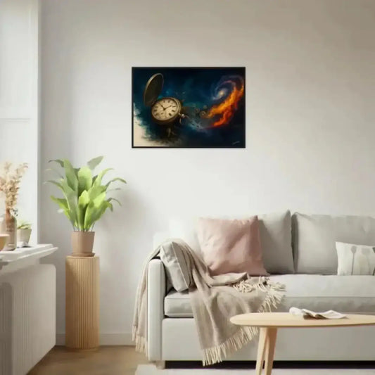 Ein gerahmtes poster zeitspirale mit einer offenen taschenuhr vor einem kosmischen hintergrund aus roten nebelfeldern und flammen