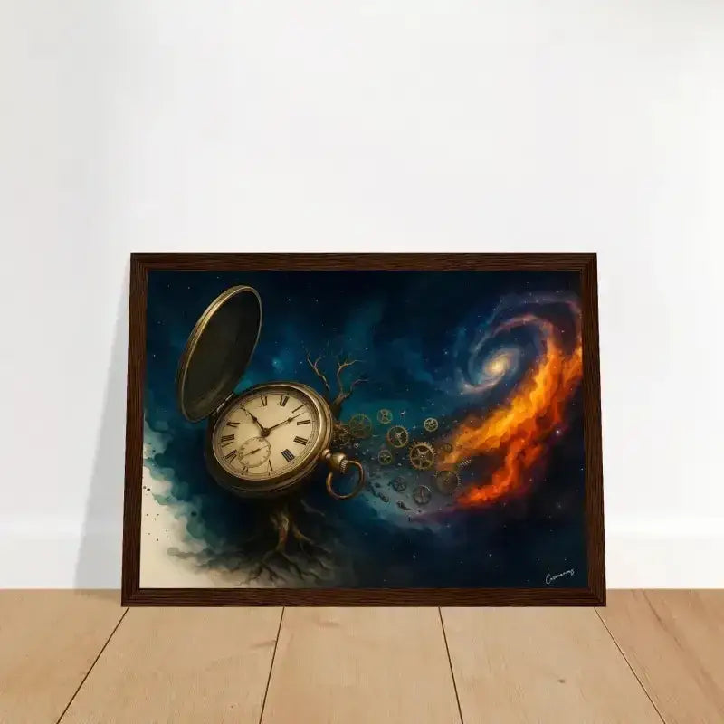 Zeitspirale gerahmtes Poster mit antiker Taschenuhr, Zahnrädern und Flammen
