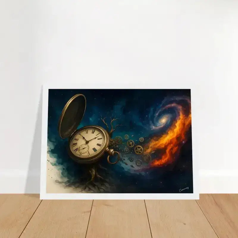 Antikes Messing-Taschenuhr-Poster mit Zahnrädern und Galaxie, gerahmtes Poster Zeitspirale