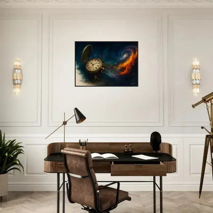 Gerahmtes Poster Zeitspirale mit Holzschreibtisch, Lederstuhl und Lampe