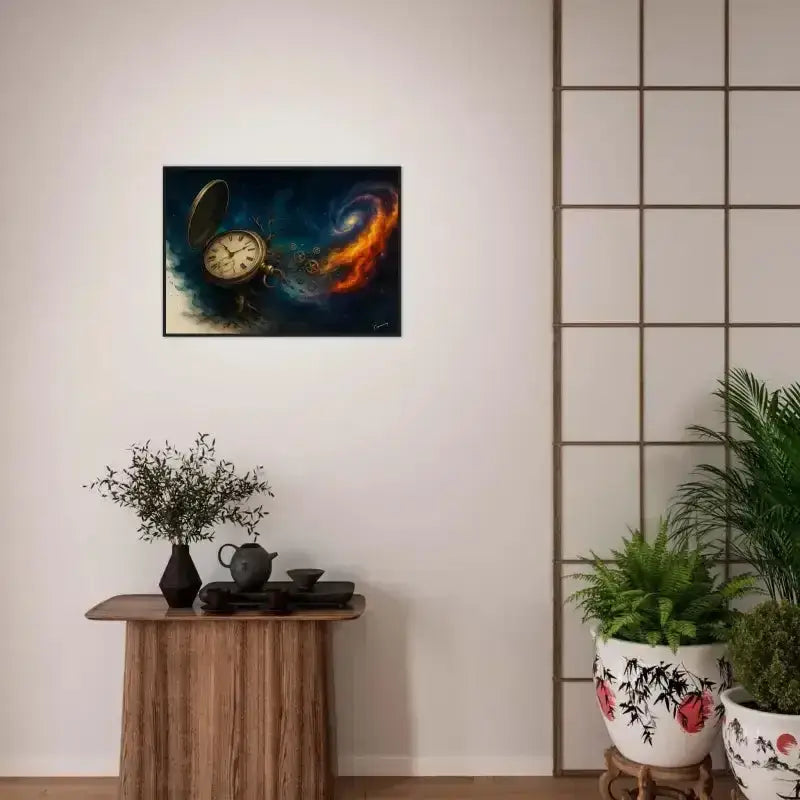 Gerahmtes Poster Zeitspirale: Schwarze und goldene Uhr mit kosmischem Design