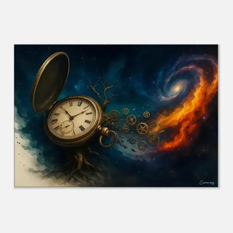 Goldene Taschenuuhr mit wachsendem Baum, Spiralgalaxie im Hintergrund, Zeitspirale Leinwand von Curiocanvas