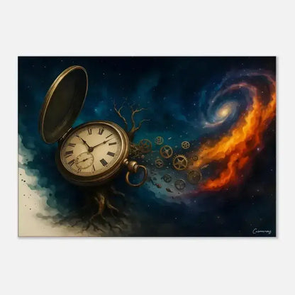 Goldene Taschenuuhr mit wachsendem Baum, Spiralgalaxie im Hintergrund, Zeitspirale Leinwand von Curiocanvas