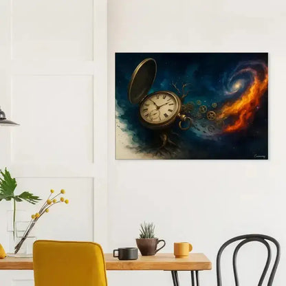 Antike Taschenuhr mit Dampf-Feuer-Design auf blauer CurioCanvas Zeitspirale Leinwand