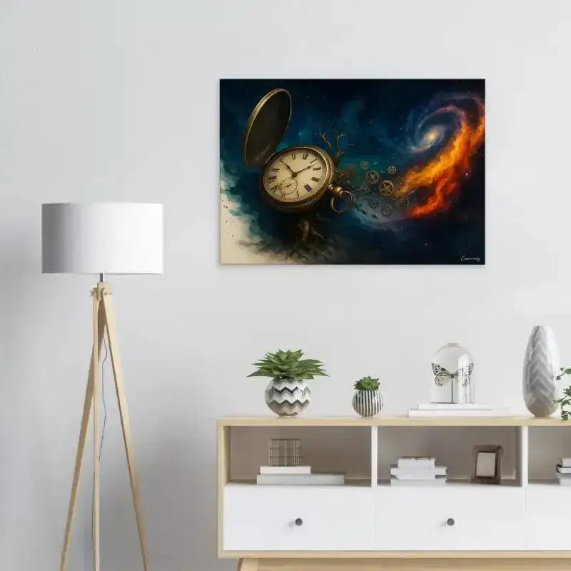 Goldene Taschenuuhr mit Zahnrädern und Flammen auf CurioCanvas Zeitspirale Leinwand