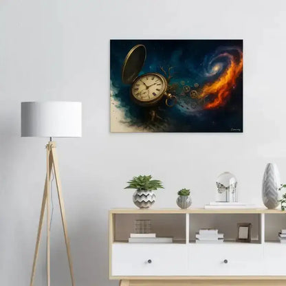 Goldene Taschenuuhr mit Zahnrädern und Flammen auf CurioCanvas Zeitspirale Leinwand