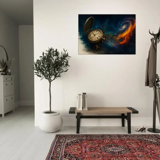 Vintage Taschenuhr mit kosmischem Design in Blau-Orange, Zeitspirale Leinwand von Curiocanvas