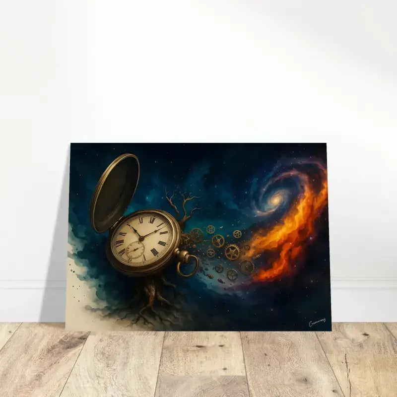 Goldene Taschenuuhr mit Zahnrädern und Spiralgalaxie-Hintergrund, Zeitspirale Poster