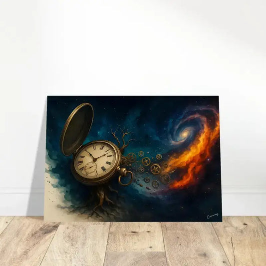 Goldene Taschenuuhr mit Zahnrädern und Spiralgalaxie-Hintergrund, Zeitspirale Poster