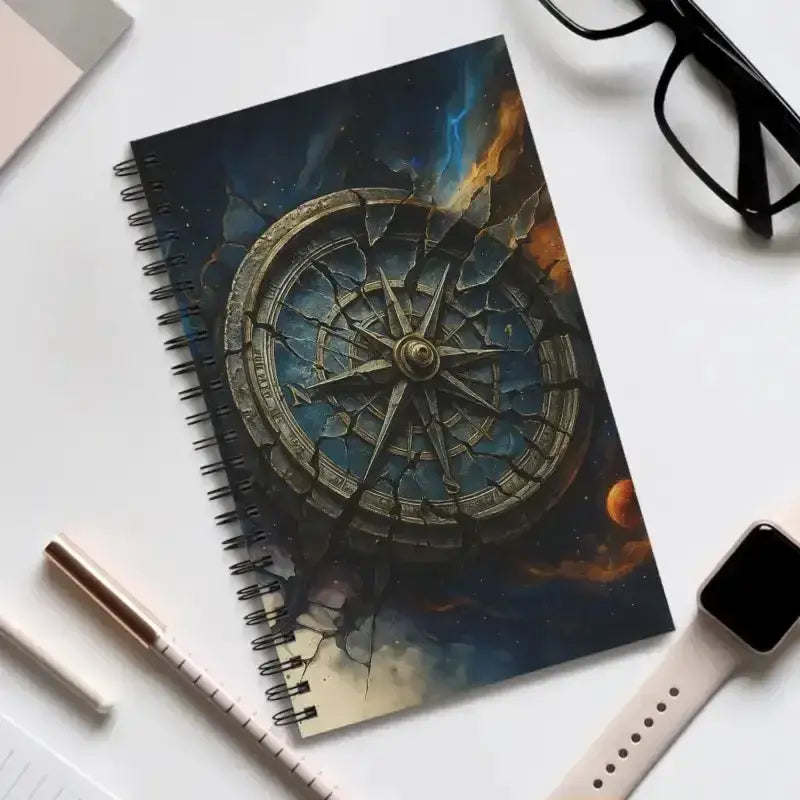 Zerbrochene Richtung Spiralnotizbuch mit Kompass-Design in Blau und Metall