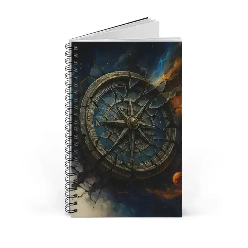 Zerbrochene Richtung Spiral-Notizbuch mit Kompass-Design auf kosmischem Hintergrund