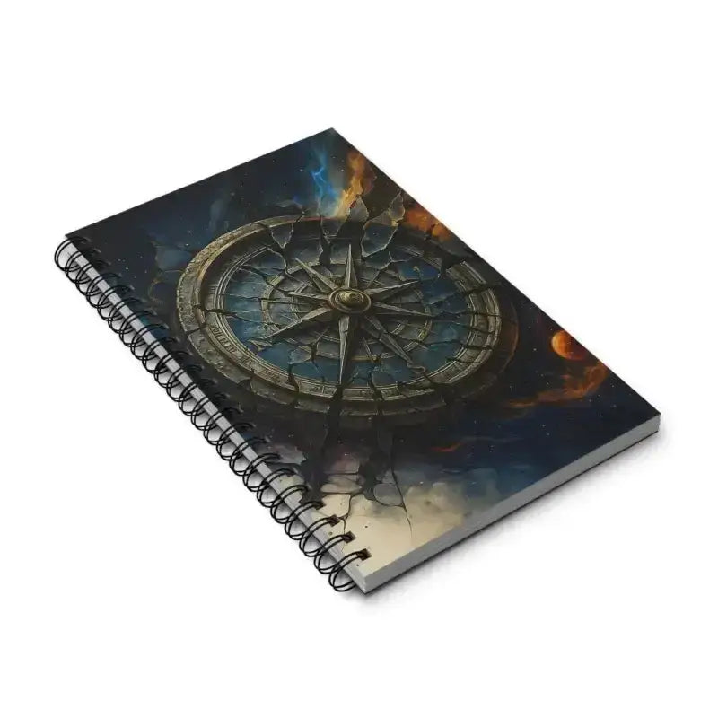 Zerbrochene Richtung Spiral-Notizbuch mit Kompass-Design und kosmischem Hintergrund